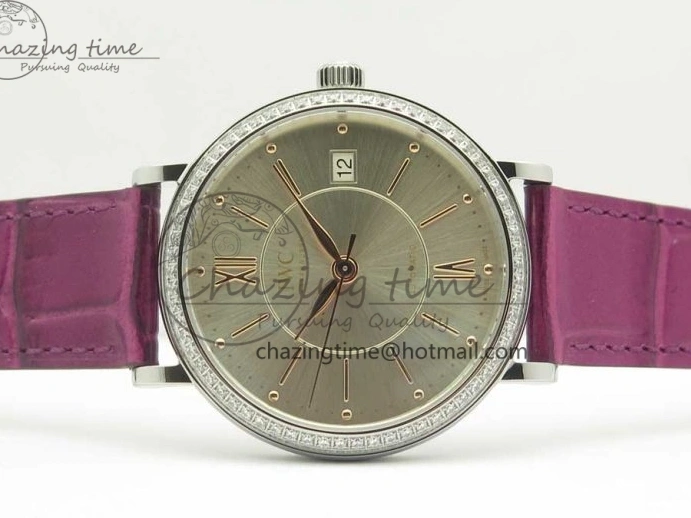 MIROTIME 0113 Portofino IW458101 Diamond Bezel SS MK 1:1 Best Edition Silver Dial On Purple Leather Strap MIYOTA Tailored 7166